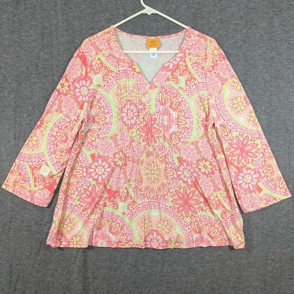 Ruby Rd. Tops - Ruby Rd Pink Orange Paisley 3/4 Sleeve Bohemian Womens Shirt Blouse Size L